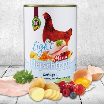 Schecker - DOGREFORM Fleischtopf-Menü light mit Geflügel, Kartoffeln, Karotten, Waldbeeren & Eier, 1 x 410 g 
